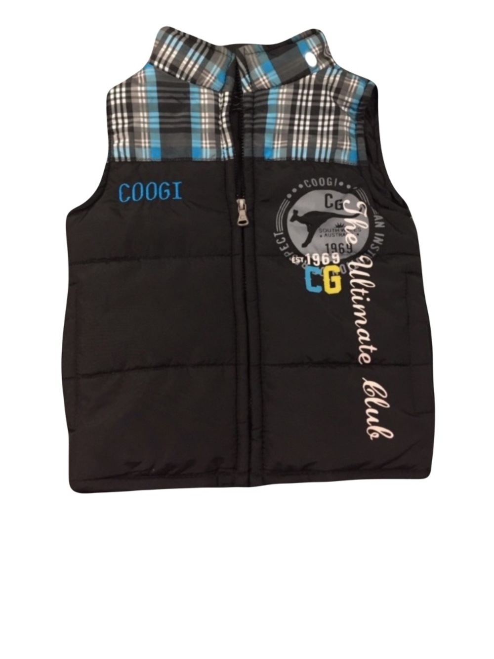 COOGI Black and Blue Quilted Vest with Plaid Accents